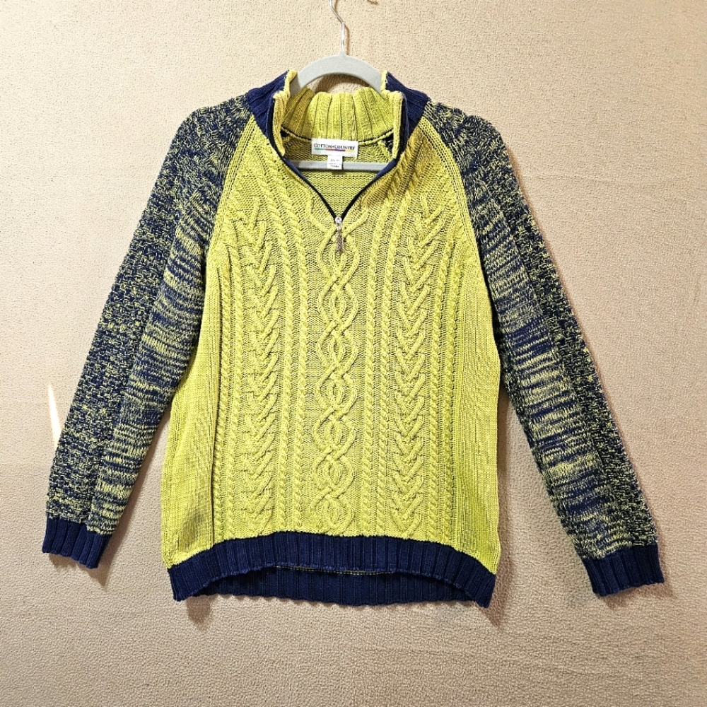 Cotton Country Women's Yellow and Blue Knit Sweater 100% Cotton